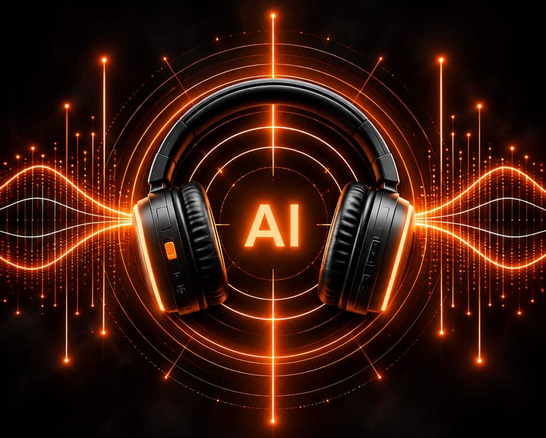 Auriculares con la palabra AI entre ondas sonoras naranjas: el asistente Silentsystem AI