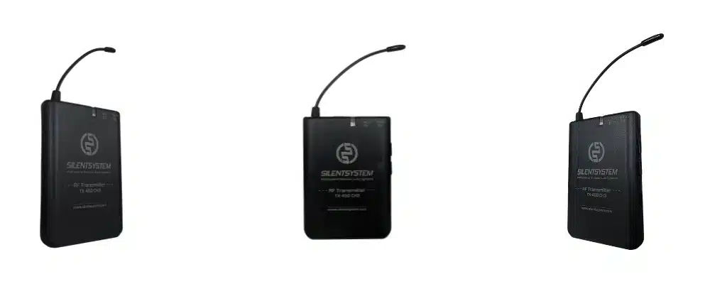 Diseño registrado del transmisor inalámbrico RF Silentsystem TX-450 para eventos y sistemas de audio profesionales Diseño registrado transmisor inalámbrico RF Silentsystem TX-450
